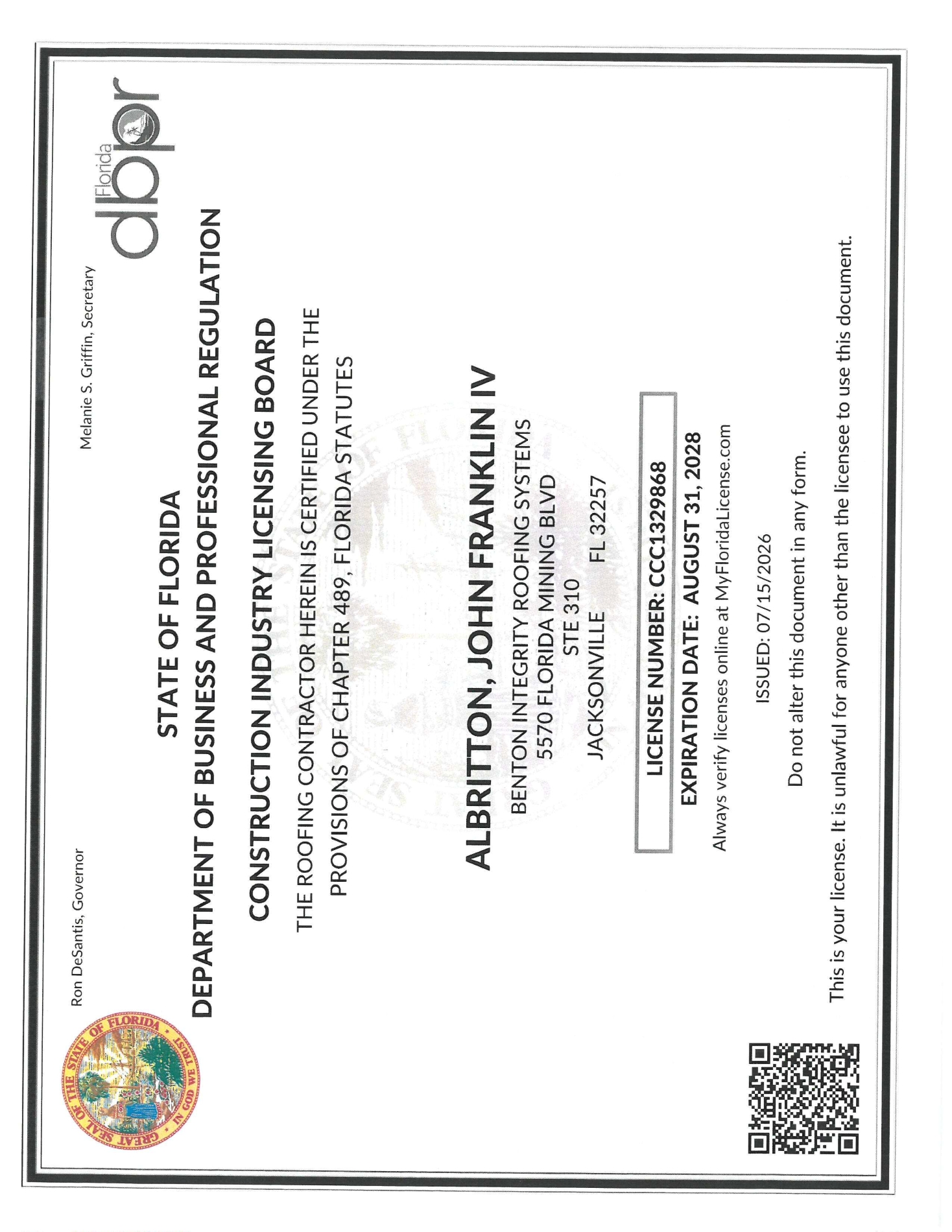 2028 john frankllyn albritton iv florida roofing license